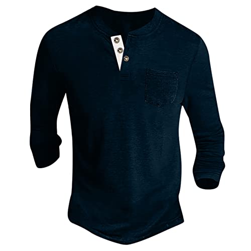 Langarmshirt Herren Basic Henley Shirt mit Brusttasche Langarm Lässige T-Shirt mit Knöpfen Einfarbige Baumwolle Regular Fit Hemd Herren Langarm T-Shirts füR Herren blau L von Generic