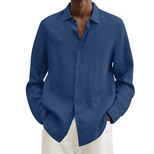 Langarmshirt Herren Freizeithemd Stehkragen Basic Leinen Hemd Entspannt Übergröße Shirt Hawaiihemd Casual Shirt Langarm T-Shirts Regular Fit Men Shirts Mit Tasten Blau-I 5XL von Generic