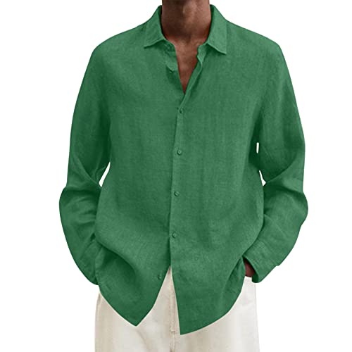 Langarmshirt Herren Freizeithemd Stehkragen Basic Leinen Hemd Entspannt Übergröße Shirt Hawaiihemd Casual Shirt Langarm T-Shirts Regular Fit Men Shirts Mit Tasten Grün-I XXL von Generic