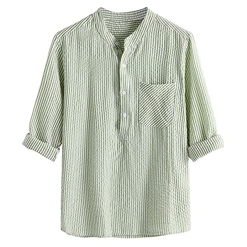 Langarmshirt Herren Freizeithemd Stehkragen Basic Leinen Hemd Entspannt Übergröße Shirt Hawaiihemd Casual Shirt Langarm T-Shirts Regular Fit Men Shirts Mit Tasten Grün-M 5XL von Generic