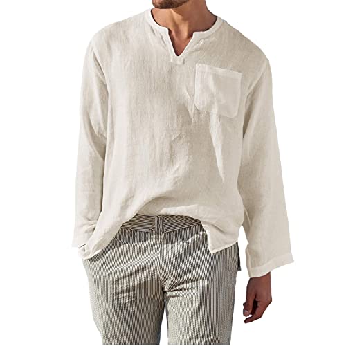 Langarmshirt Herren Freizeithemd V Ausschnitt Einfarbig Basic Leinen Hemd Shirt Hawaiihemd Shirt Casual Langarm T-Shirts Regular Fit Men Shirts Mit Tasten Funktionsshirt Herren Beige XXL von Generic