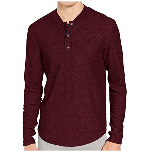 Langarmshirt Herren Hemd Herren Henley Shirt MäNner Getäfelt Long Sleeves Knopf Hemden Casual Slim Fit Pullover Herren ohne Kapuze Einfarbig Langarm Hemd Herren Rot L von Generic