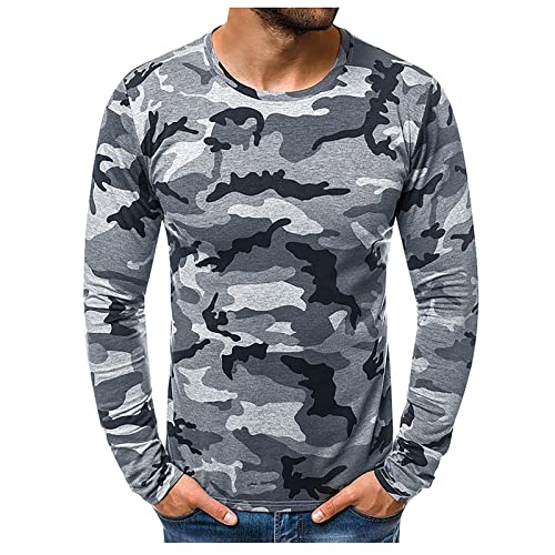 Langarmshirt Herren bedrucktes Langarmshirt Camouflage Longsleeve Top Basis Langarm bequemes lässiges Herren Pullover Rundhals-Ausschnitt Longsleeve Sweatshirt grau 4XL von Generic