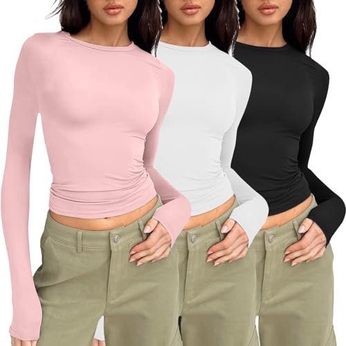 Langarmshirts Damen 3er Pack Rundhal Pullover Elegant Langarm Oberteile Rippshirt Tshirts Basic Tops Slim Fit Y2K Top von Generic