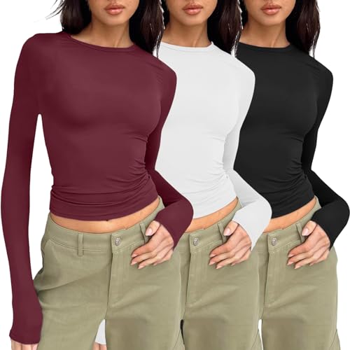 Langarmshirts Damen 3er Pack Rundhal Pullover Elegant Langarm Oberteile Rippshirt Tshirts Basic Tops Slim Fit Y2K Top von Generic