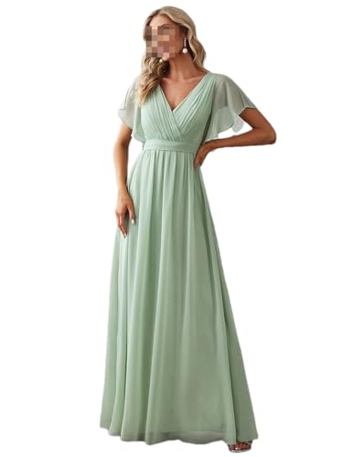 Lange A-Linie Abendkleider Kurzarm V-Ausschnitt Chiffon Kleid Bodenlanges Kleid Ballkleid, Minze Gn, 40 von Generic