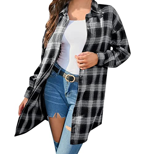 Lange Bluse Damen Karierte Langarm Hemdjacke Button-Down Longbluse Karo Hemdjacke Leichte V-Ausschnitt Oberteile Oversize Lang Tunika Tops Schwarz M von Generic