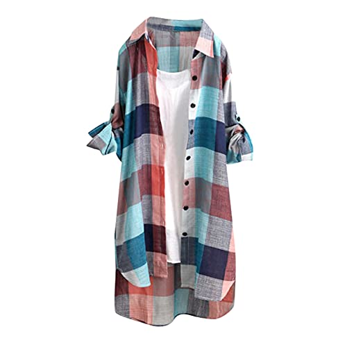 Lange Bluse Damen Leinenhemd Lang Kariert Shirt Frühling Revers Langarmshirt Knopfleiste Hemd Leinenbluse Lose Longbluse Blusenshirt Oberteile Tops, XXL von Generic