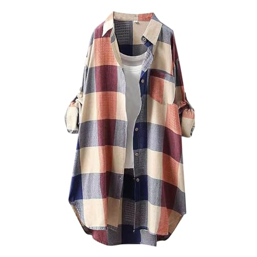 Lange Bluse Damen Leinenhemd Lang Kariert Shirt Frühling Revers Langarmshirt Knopfleiste Hemd Leinenbluse Lose Longbluse Blusenshirt Oberteile Tops von Generic