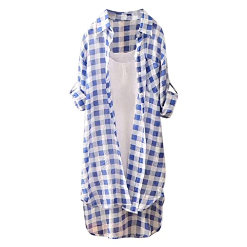 Lange Bluse Damen Leinenhemd Lang Kariert Shirt Frühling Revers Langarmshirt Knopfleiste Hemd Leinenbluse Lose Longbluse Blusenshirt Oberteile Tops von Generic