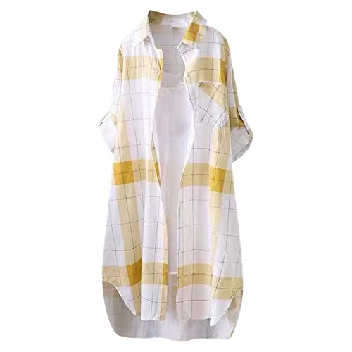 Lange Bluse Damen Leinenhemd Lang Kariert Shirt Frühling Revers Langarmshirt Knopfleiste Hemd Leinenbluse Lose Longbluse Blusenshirt Oberteile Tops von Generic