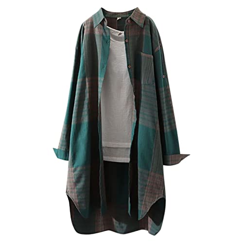 Lange Bluse Damen Leinenhemd Lang Kariert Shirt Frühling Revers Langarmshirt Knopfleiste Hemd Leinenbluse Lose Longbluse Blusenshirt Oberteile Tops von Generic