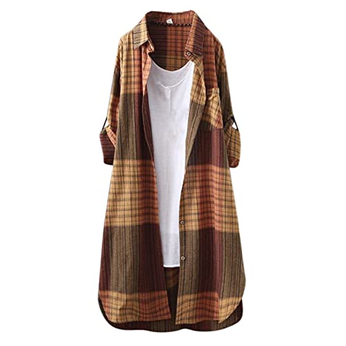 Lange Bluse Damen Leinenhemd Lang Kariert Shirt Frühling Revers Langarmshirt Knopfleiste Hemd Leinenbluse Lose Longbluse Blusenshirt Oberteile Tops von Generic