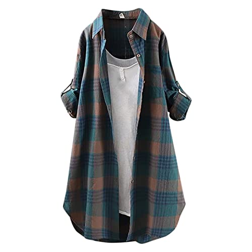 Lange Bluse Damen Leinenhemd Lang Kariert Shirt Frühling Revers Langarmshirt Knopfleiste Hemd Leinenbluse Lose Longbluse Blusenshirt Oberteile Tops von Generic