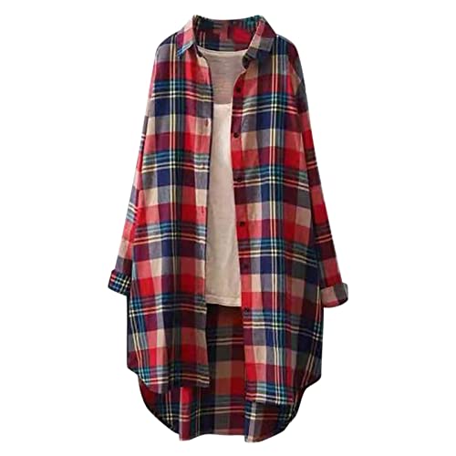 Lange Bluse Damen Leinenhemd Lang Kariert Shirt Frühling Revers Langarmshirt Knopfleiste Hemd Leinenbluse Lose Longbluse Blusenshirt Oberteile Tops von Generic