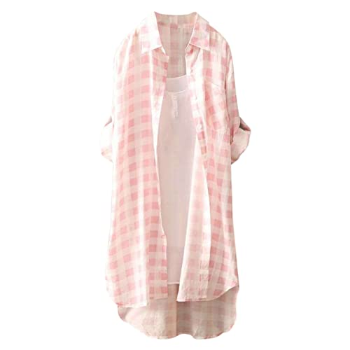 Lange Bluse Damen Leinenhemd Lang Kariert Shirt Frühling Revers Langarmshirt Knopfleiste Hemd Leinenbluse Lose Longbluse Blusenshirt Oberteile Tops von Generic