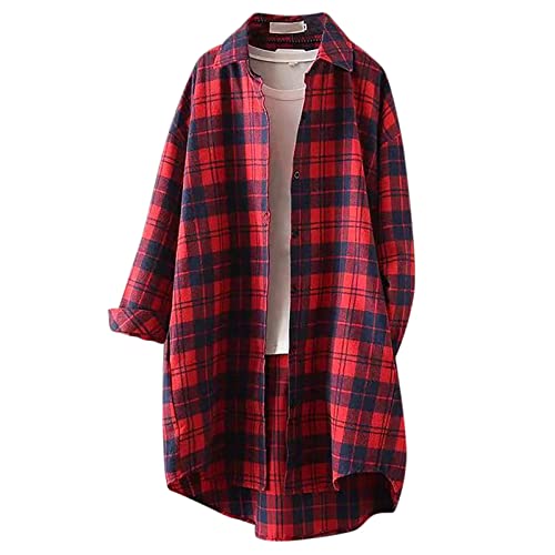 Lange Bluse Damen Leinenhemd Lang Kariert Shirt Frühling Revers Langarmshirt Knopfleiste Hemd Leinenbluse Lose Longbluse Blusenshirt Oberteile Tops von Generic