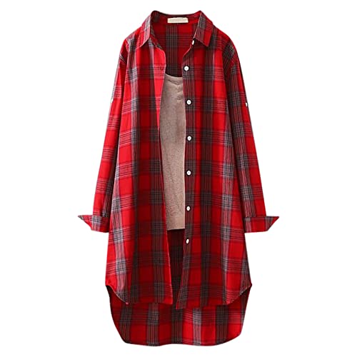 Generic Damen Lang Bluse Leinenhemd Kariert Shirt Frühling Revers Langarmshirt Lose Longbluse Blusenshirt Oberteile Tops L von Generic