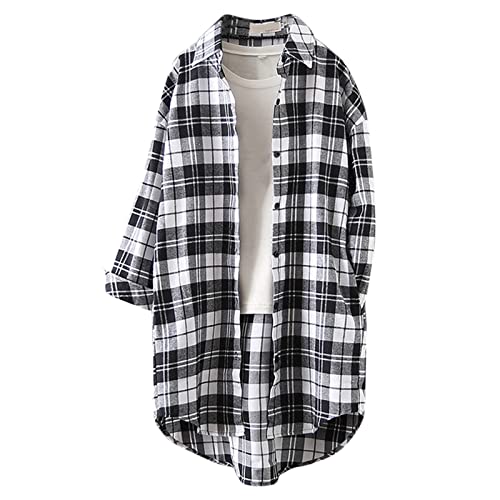 Lange Bluse Damen Leinenhemd Lang Kariert Shirt Frühling Revers Langarmshirt Knopfleiste Hemd Leinenbluse Lose Longbluse Blusenshirt Oberteile Tops von Generic