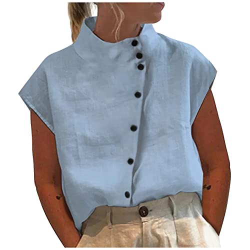 Lange Bluse musselin Damen lang Hemd Sommer Einfarbig Baumwoll Leinen Stehkragen Kurzarm Button Down Tunika Triceratops(Hellblau, XXL) von Generic