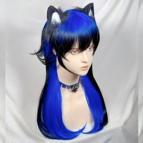 Lange Gerade Drag Perücken Für Frauen Lolita Stil Perücke Geschichtet Wolf Cut Quallen Haar Mit Pony Für Halloween Party (blau und schwarz) von Generic