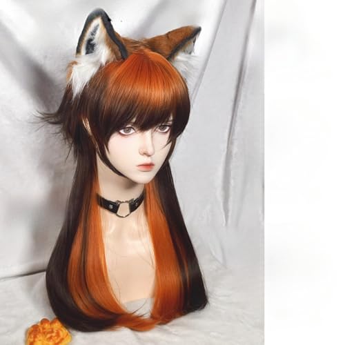 Lange Gerade Drag Perücken Für Frauen Lolita Stil Perücke Geschichtet Wolf Cut Quallen Haar Mit Pony Für Halloween Party (orange und braun) von Generic