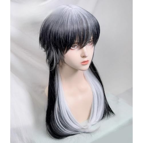 Lange Gerade Drag Perücken Für Frauen Lolita Stil Perücke Geschichtet Wolf Cut Quallen Haar Mit Pony Für Halloween Party (schwarz und weiß) von Generic
