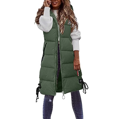 Lange Jacke Weste für Damen Ärmellose, Weste Damen Lang mit Steppweste Ärmellose Lang Daunenweste GroßE GrößEn Kapuzenweste üBergangsweste Winterweste Mit Tasche Winterjacke (A Green, L) von Generic