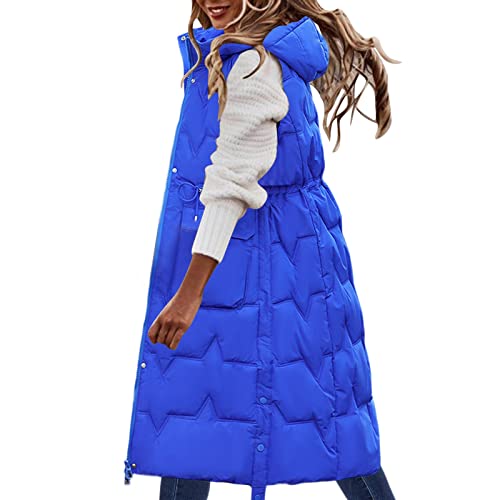 Lange Jacke Weste für Damen Ärmellose, Weste Damen Lang mit Steppweste Ärmellose Lang Daunenweste GroßE GrößEn Kapuzenweste üBergangsweste Winterweste Mit Tasche Winterjacke (D Blue, L) von Generic