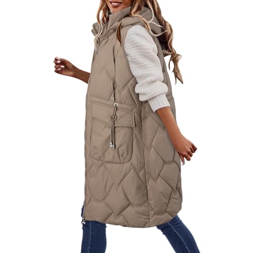 Lange Jacke Weste für Damen Ärmellose, Weste Damen Lang mit Steppweste Ärmellose Lang Daunenweste GroßE GrößEn Kapuzenweste üBergangsweste Winterweste Mit Tasche Winterjacke (F1-Khaki, XXL) von Generic