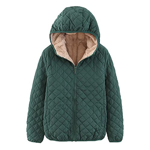 Lange Jacken für Damen, Winter, Damen, modisch, lässig, kariert, Fleece, Kapuze, einfarbig, langärmelig, locker, warmer Baumwollmantel, grün, 46 von Generic