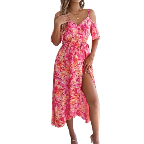 Lange Kleider, Sommerkleid Damen Maxi Elegant A Linien Kurzarm Maxikleid Off-Shoulder Blumendruck Kleider Schlitz Lang Cocktailkleid mit Bund Perfekt für Strand M B Pink von Generic
