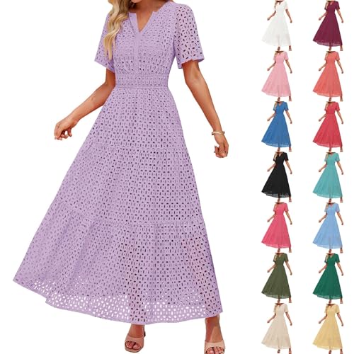 Lange Kleider Damen Sommer Kurzarm Maxi Kleid Lässiges V-Ausschnitt Kleid mit Lochstickerei Rüschen Schwingendem A-Linien-Schnitt und Eleganter Knöchellänge Freizeitkleid Partykleid von Generic