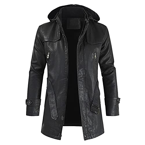 Lange Lederjacke Herren Reißverschluss Warm Langjacke Mante Mit Kapuze Bikerjacke Windbreaker Herbst Winter Kunstlederjacke Slim Fit Jacke Männer Street Style Motorrad Pu-Ledermantel (Black, XXL) von Generic