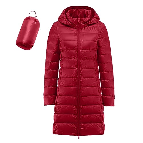 Lange Leichte Daunenjacke Damen Steppjacke Damen Lang Leicht Puffer Jacke Mantel Langer Daunenmantel Lang Leichter Steppmantel Damen Down Jacket Women Gesteppte Jacke Daunen (Rot, L) von Generic