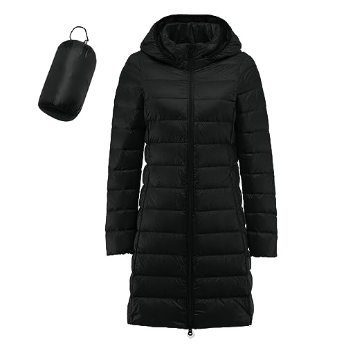 Lange Leichte Daunenjacke Damen Steppjacke Damen Lang Leicht Puffer Jacke Mantel Langer Daunenmantel Lang Leichter Steppmantel Damen Down Jacket Women Gesteppte Jacke Daunen (Schwarz, S) von Generic