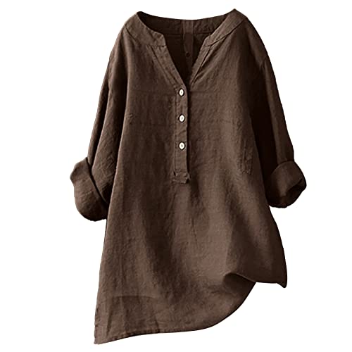 Lange Leinenbluse Damen Bluse Oversize Langarm Shirt Baumwolle Leinen Hemdbluse Elegant Übergröße Longbluse Festliche Oberteil Einfarbig Lose Leinenoberteile Langarmshirt (Braun, XXXXL) von Generic