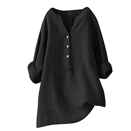 Lange Leinenbluse Damen Bluse Oversize Langarm Shirt Baumwolle Leinen Hemdbluse Elegant Übergröße Longbluse Festliche Oberteil Einfarbig Lose Leinenoberteile Langarmshirt (Schwarz, L) von Generic