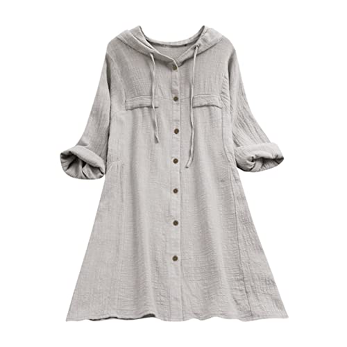 Lange Leinenbluse Damen Bluse Oversize Langarm Tunika Shirt Baumwolle Leinen Hemdbluse Blusenkleid Elegant Übergröße Longbluse Oberteile Einfarbig Lose Leinenhemd Lang Hemd Tops mit Kapuze von Generic