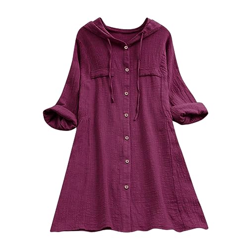 Lange Leinenbluse Damen Bluse Oversize Langarm Tunika Shirt Baumwolle Leinen Hemdbluse Blusenkleid Elegant Übergröße Longbluse Oberteile Einfarbig Lose Leinenhemd Lang Hemd Tops mit Kapuze von Generic