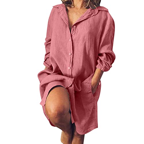 Lange Leinenkleid Damen Große Größen Langarm Leinenbluse Sommer Lose Sommerkleid Damen Leinenkleider Baumwolle Leinen Blusenkleid Casual Freizeitkleid Strandkleider Boho Kleid A-Linie Kleid von Generic
