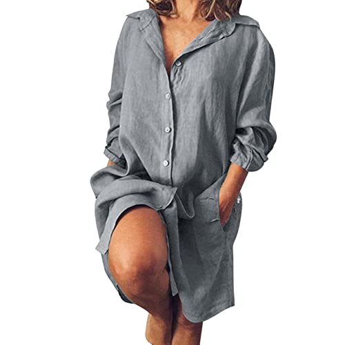 Lange Leinenkleid Damen Große Größen Langarm Leinenbluse Sommer Lose Sommerkleid Damen Leinenkleider Baumwolle Leinen Blusenkleid Casual Freizeitkleid Strandkleider Boho Kleid A-Linie Kleid von Generic
