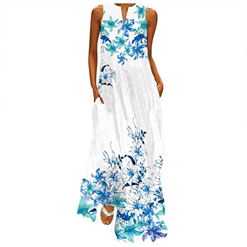 Lange Leinenkleid Damen Sommer Ärmellose Drucken Sommerkleid Leinenkleider Leinen Blusenkleid Casual V-Ausschnitt Freizeitkleid Strandkleider Boho Kleid A-Linie Hemdblusenkleid, Hellblau, XXL von Generic