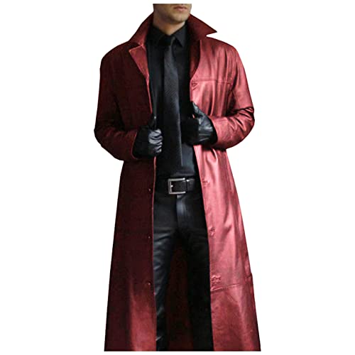 Lange Mantel Herren Ledermantel Kunstleder Lederjacke Gothic Mittelalter Halloween-Kostüm Vampirjäger Bikerjacke Winterjacke (Red, XL) von Generic