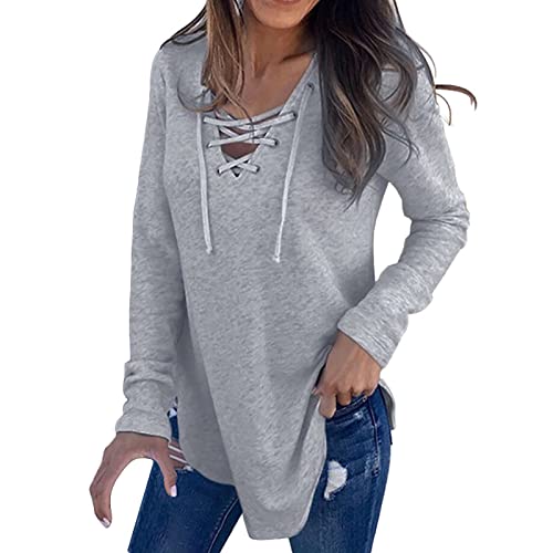 Lange Pullover Sweatshirt Damen V-Ausschnitt Langarmshirt Blusen mit Schnürung Frühjahr Sommer Frauen Shirts Elegant Slim Fit Hemd Oberteile von Generic