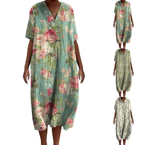 Lange Sommerkleider Damen Boho Tunika Kleid Sommer Elegant V Ausschnitt Casual Sommerkleid Leicht und Luftig Strandkleid Halbarm Damenkleider Frauen Leinenkleid Locker Kleider Vintage von Generic