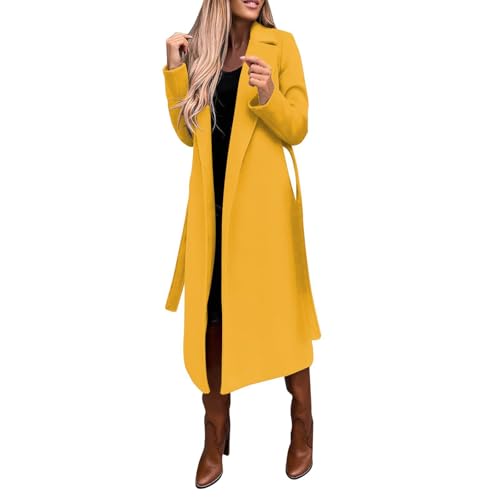Lange Trenchcoat Damen Elegant Einfarbig Wollmantel Langarm Revers Winterjacke Schlanke Jacke Windbreaker mit Gürtel Herbst Winter Übergangsjacke Schlitz Wintermantel Warme Wolljacke Mantel Windjacke von Generic