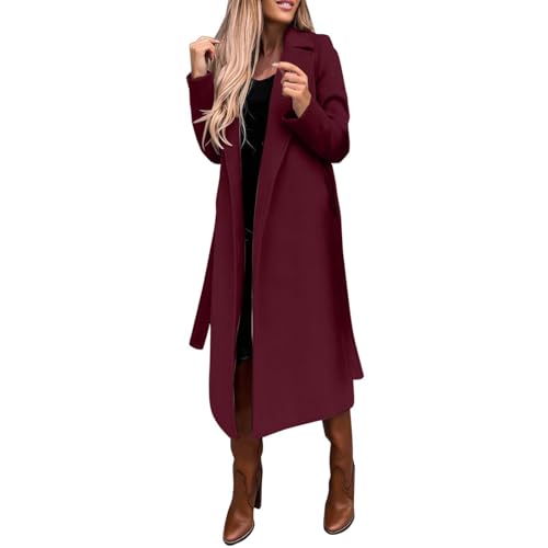 Lange Trenchcoat Damen Elegant Einfarbig Wollmantel Langarm Revers Winterjacke Schlanke Jacke Windbreaker mit Gürtel Winter Übergangsjacke Schlitz Wintermantel Warme Wolljacke Mantel Windjacke von Generic