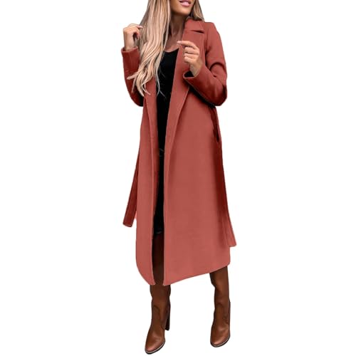 Lange Trenchcoat Damen Elegant Einfarbig Wollmantel Langarm Revers Winterjacke Schlanke Jacke Windbreaker mit Gürtel Winter Übergangsjacke Schlitz Wintermantel Warme Wolljacke Mantel Windjacke von Generic