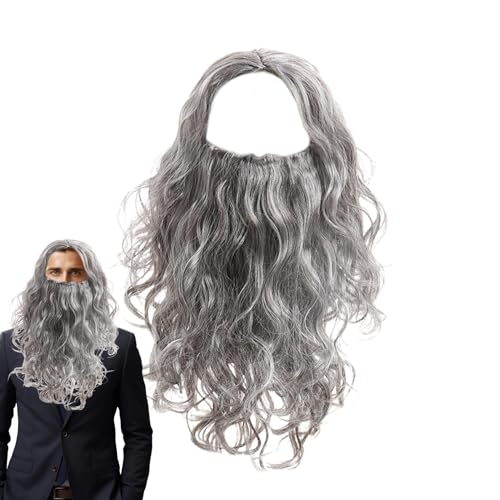Lange graue Perücke für Herren, lange Perücken für Rollenspiele, Halloween-Perücke und Bart, Jesus-Magier-Perücke und Bart, Halloween-Kostüm-Zubehör von Generic